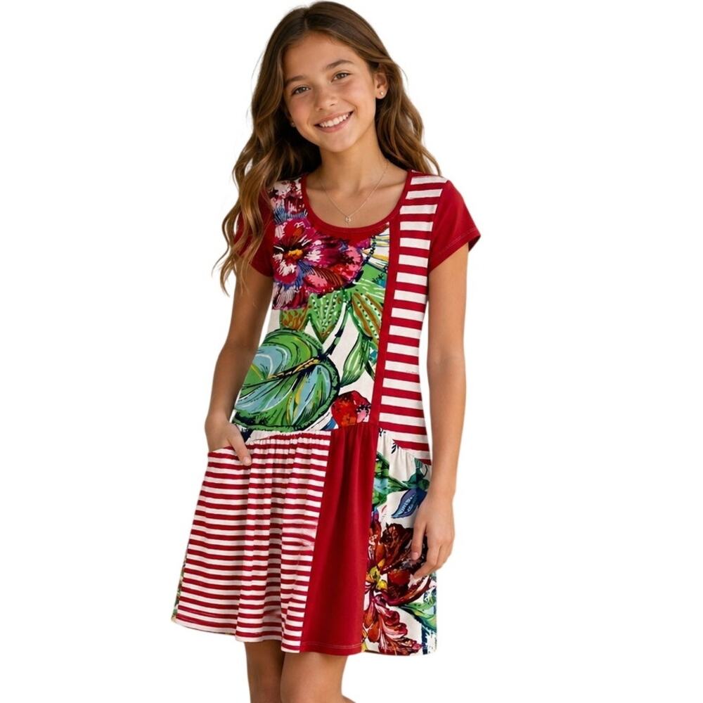 Desigual Mixed Print Dress Girls Size 11/12 Red Stripe Tropical Floral Sequins